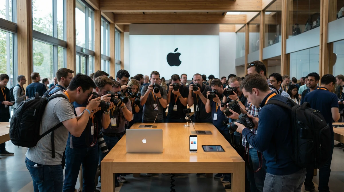 Журналисти снимат демонстрационна маса с лаптоп, смартфон и таблет на технологично прес-събитие с видимо лого на Apple.