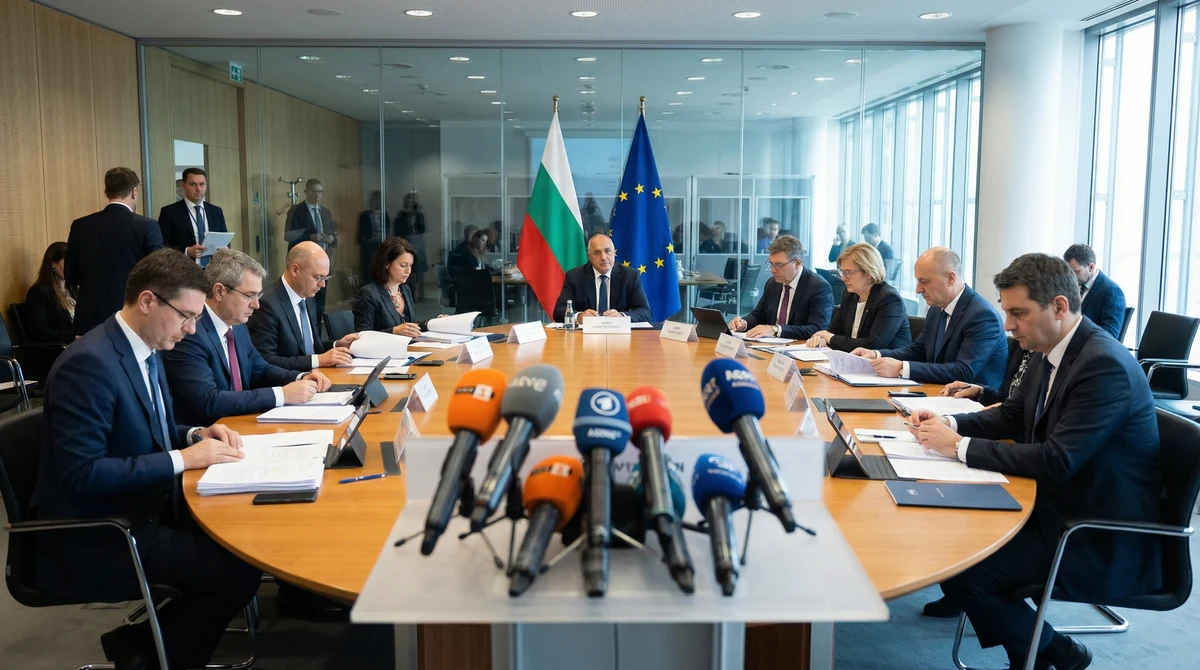 Министерска среща на Европейския съюз в конферентна зала с флаговете на ЕС и България и документи за бюджет на масата.