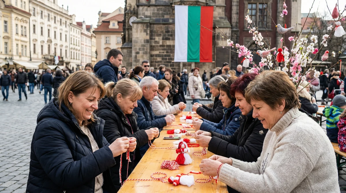 Хора изработват и връзват червено-бели мартеници на открита работилница на градски площад в България, с пролетна украса наоколо.