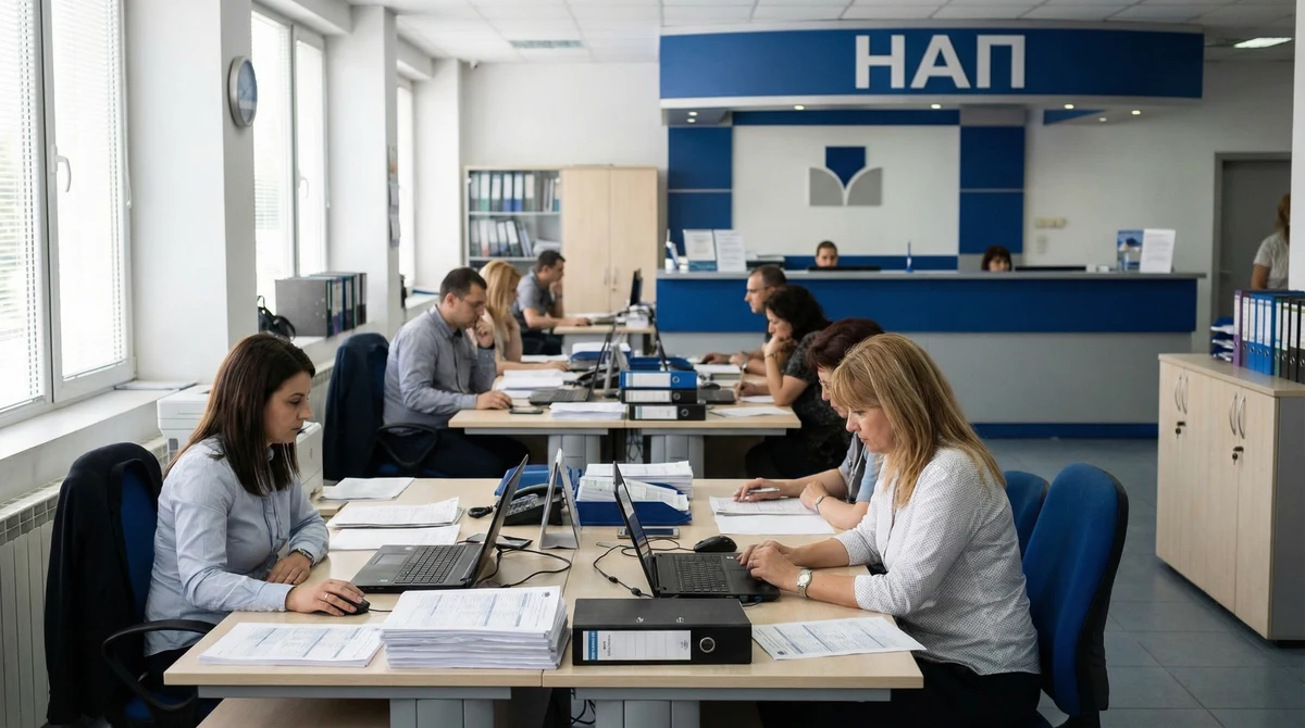 Служители в офис подготвят данъчни документи и формуляри на бюра с лаптопи, с табела „НАП“ на заден план.