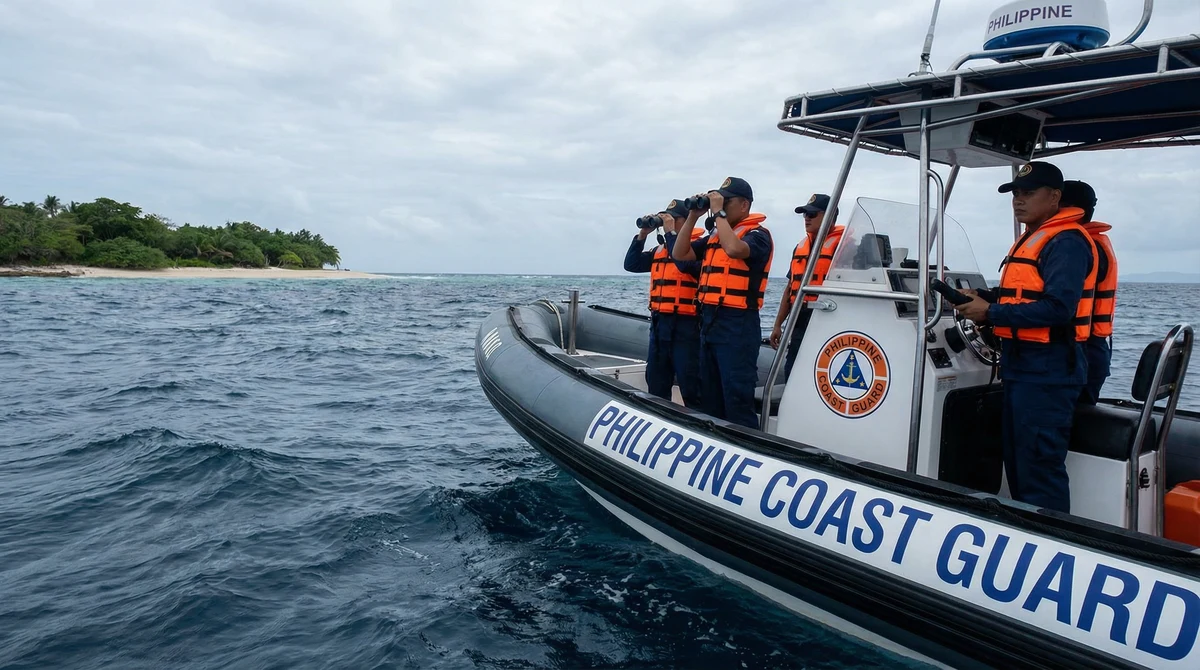 Екип на Филипинската брегова охрана извършва повърхностно издирване с спасителен кораб край малък остров.