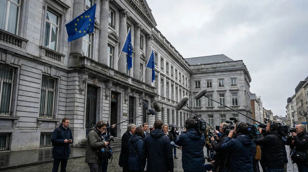 Знамена на Европейския съюз пред сграда на съд, с журналисти и микрофони на преден план.