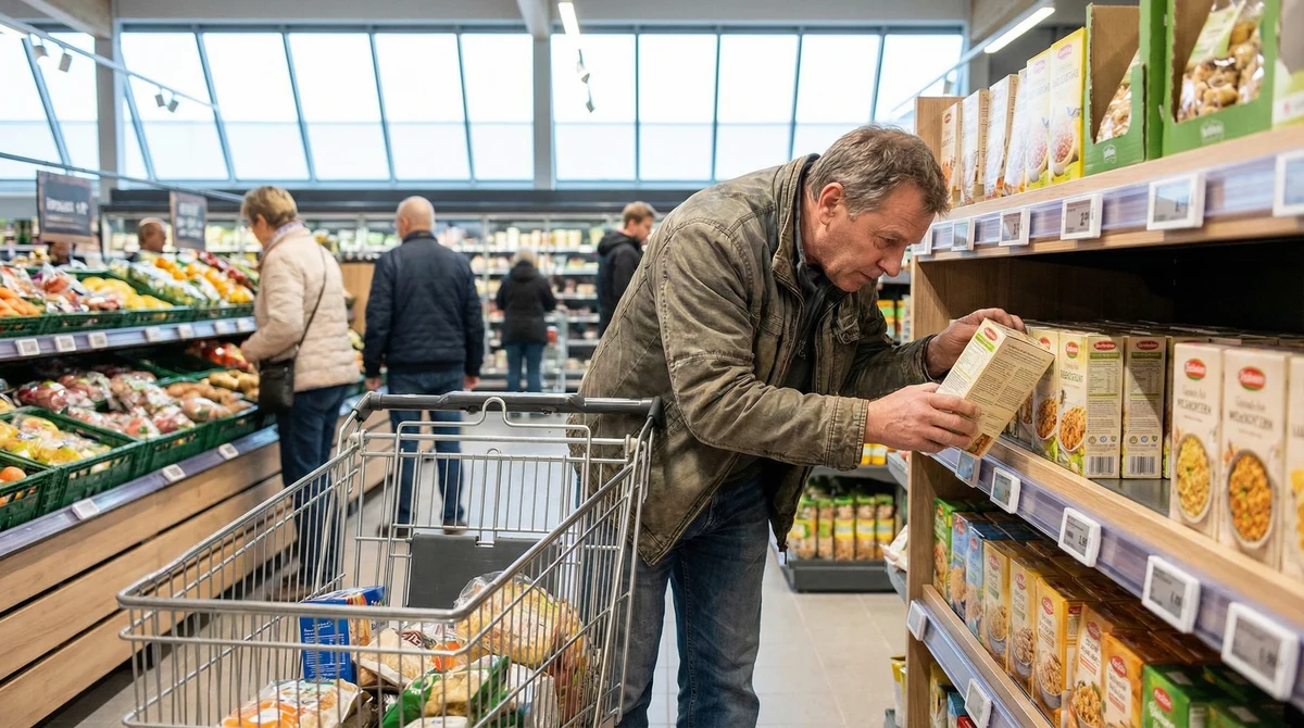 Купувач сравнява цени в супермаркет, като се виждат етикети с цени на рафтовете.