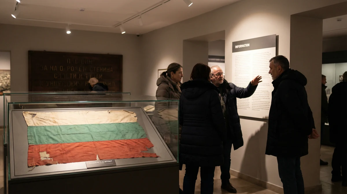 Историческо трицветно знаме в стъклена витрина в зала на военноисторически музей, с посетители, които разглеждат експоната.