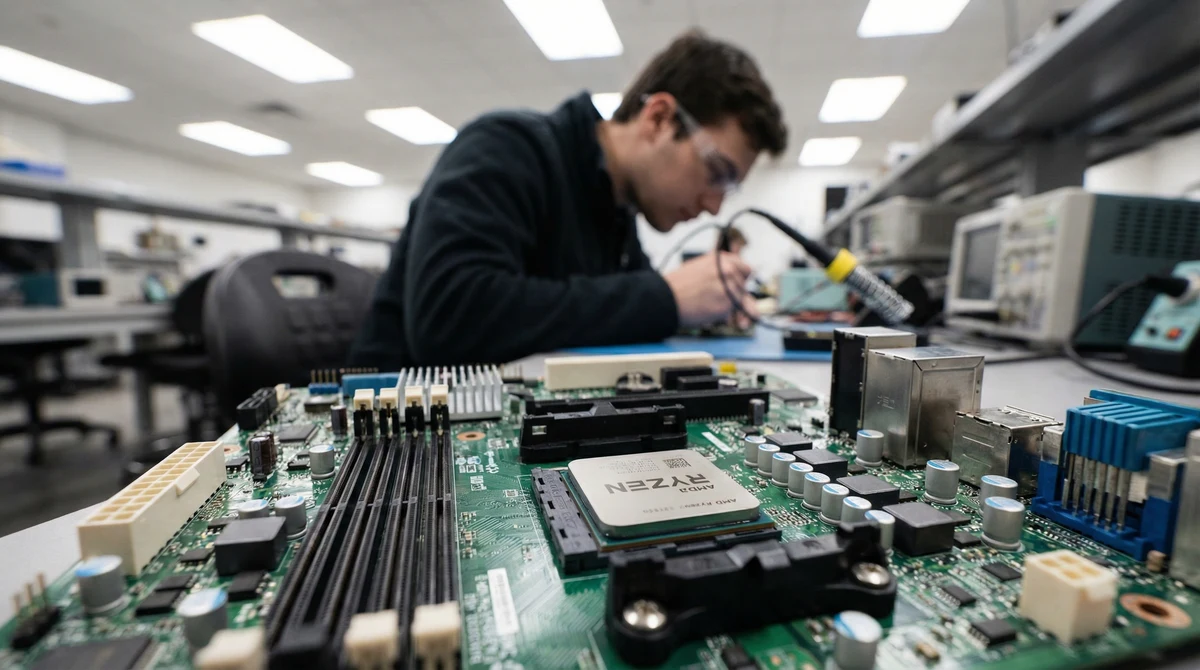 Близък план на дънна платка за настолен компютър с инсталиран процесор AMD Ryzen в лабораторна среда.