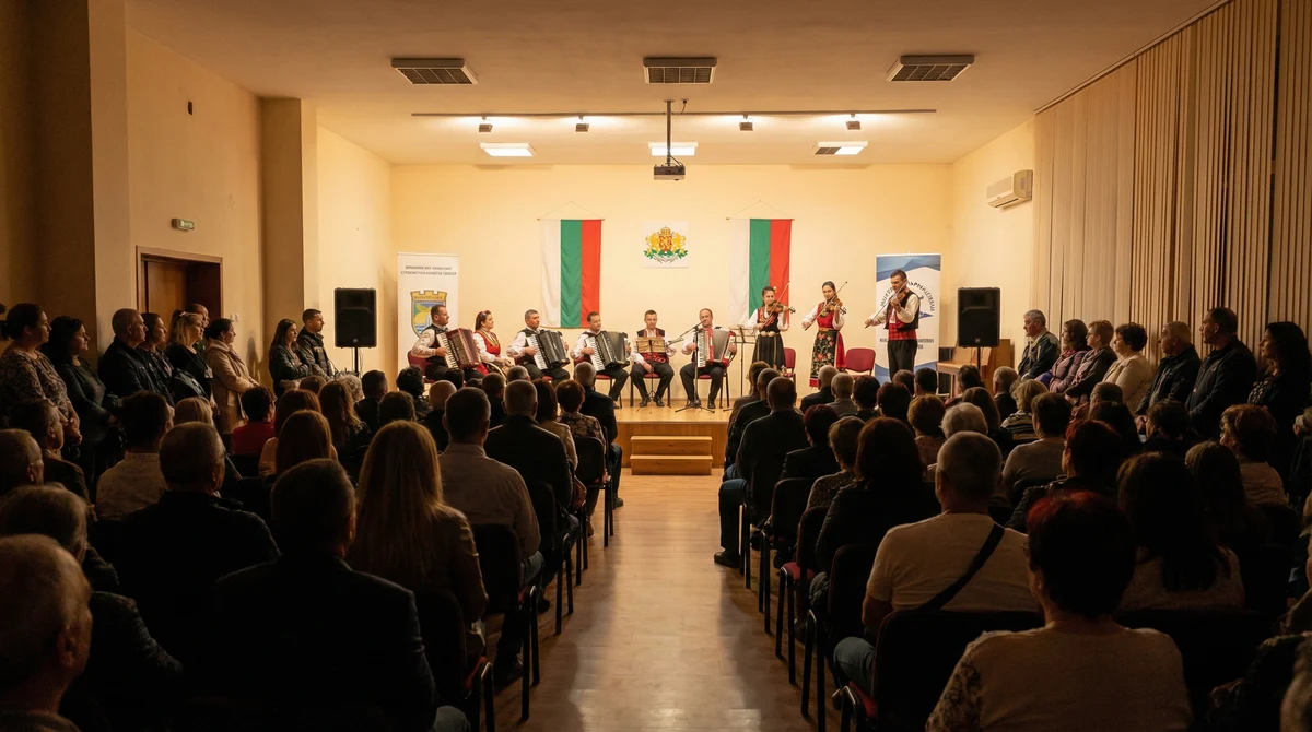 Публика в общинска концертна зала по време на празничен концерт за 3 март, с български знамена в залата.