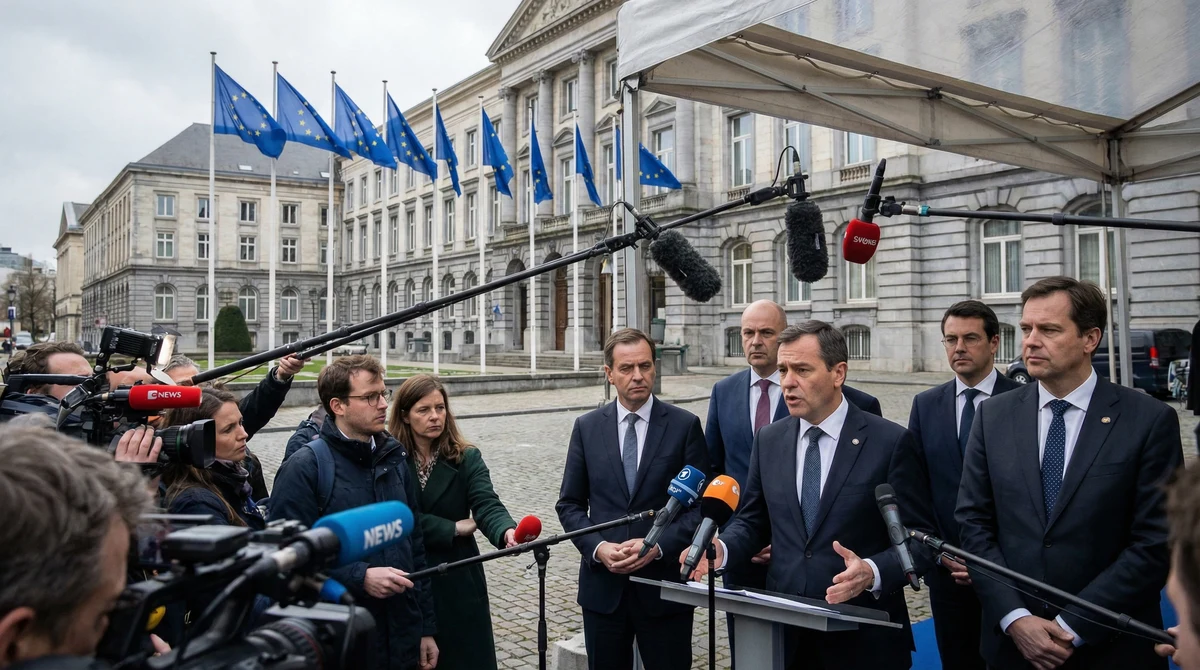 Пресконференция за европейската отбрана пред правителствена сграда с европейски знамена и журналистически микрофони на преден план.