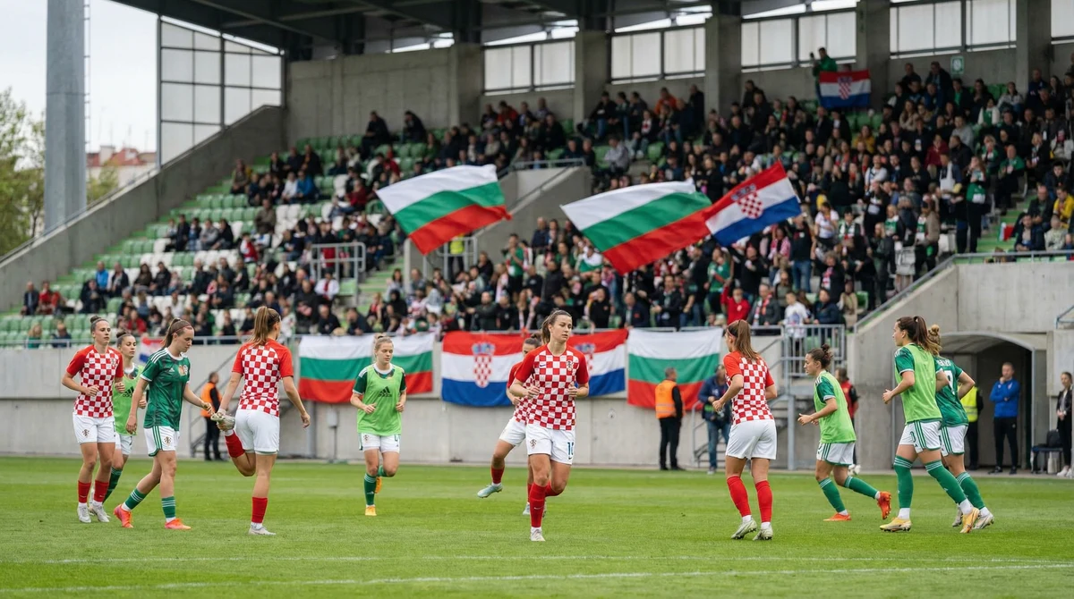Загрявка преди международен мач по футбол за жени на стадион, с видими знамена на България и Хърватия по трибуните.