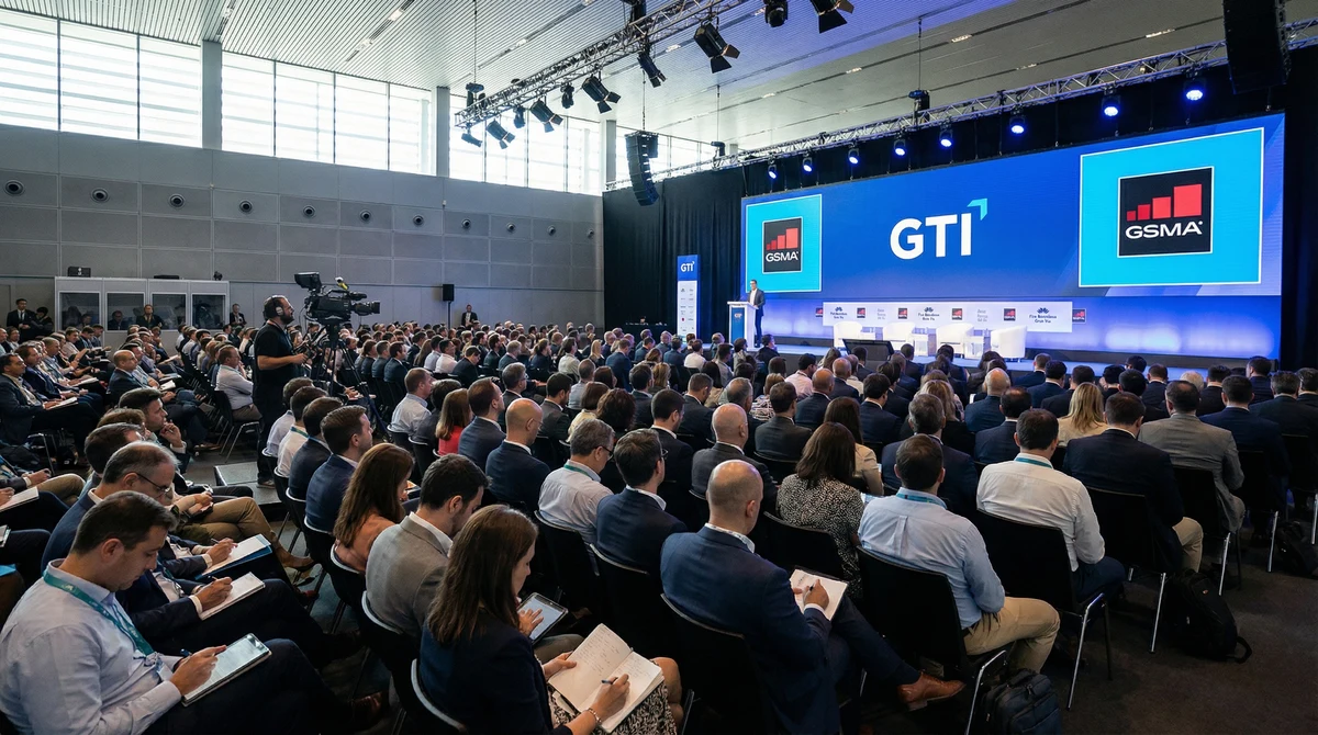 Сцена с лога на GTI и GSMA по време на технологична конференция в Барселона и публика от представители на телекомуникационната индустрия.