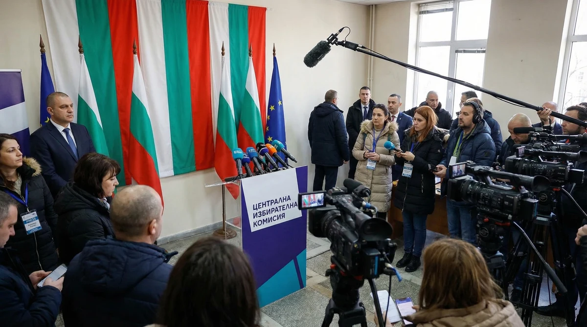 Зала за пресконференции в изборна комисия в България с български знамена, камери и подиум с микрофони.