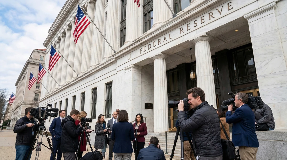 Сградата на Федералния резерв във Вашингтон с видима табела, американски знамена и журналисти пред входа.
