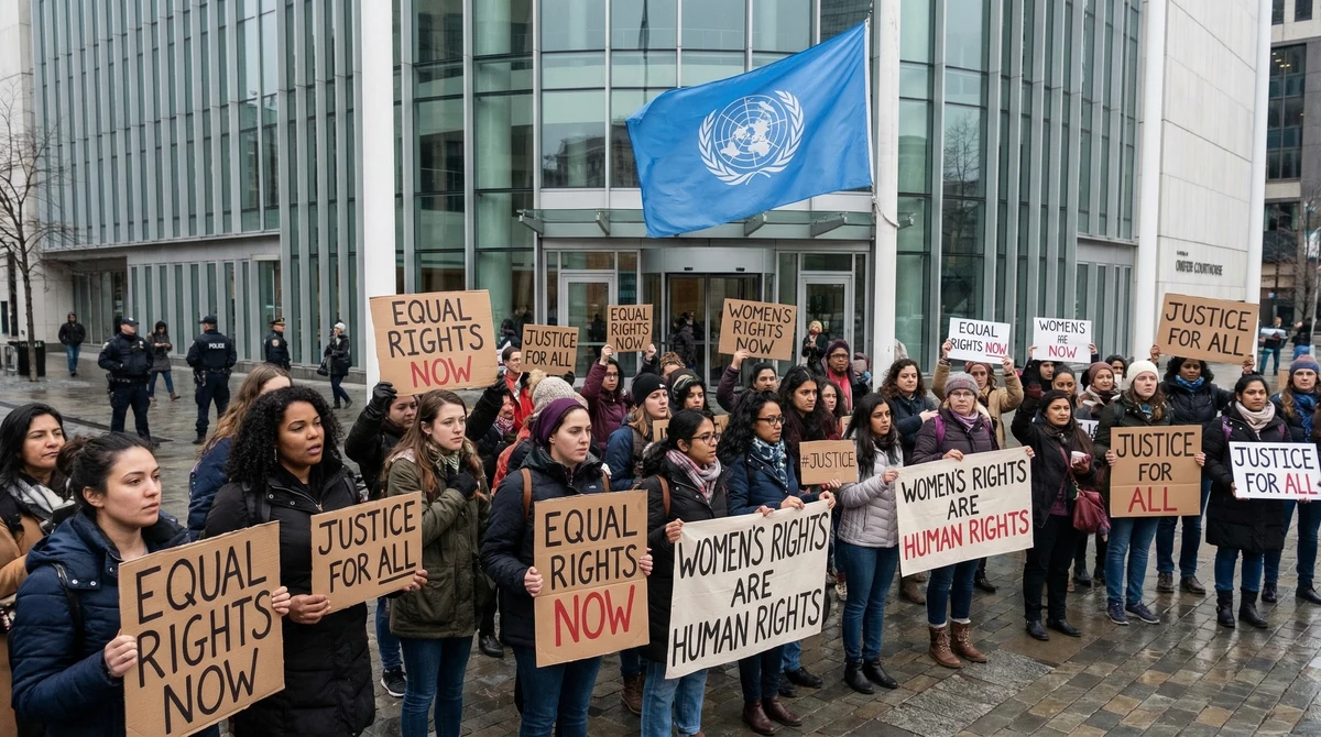 Жени държат плакати за равни права пред съдебна сграда, на заден план се вижда знаме на ООН.