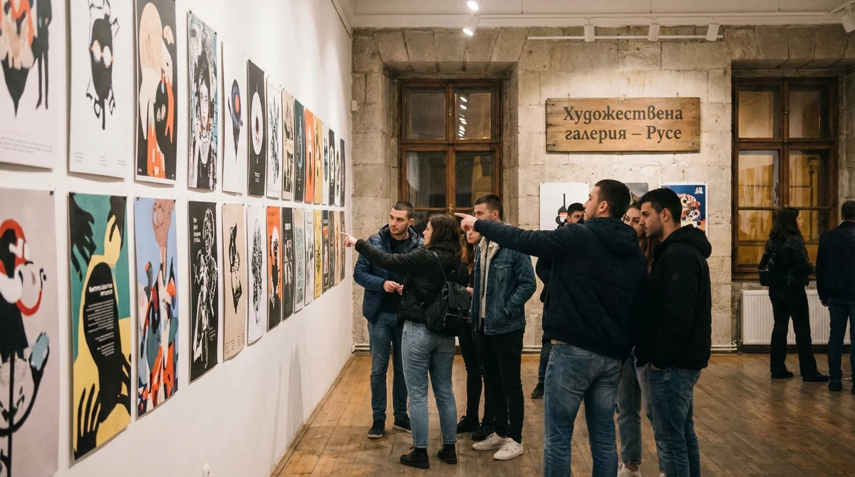 Посетители разглеждат изложба с плакати в Художествена галерия – Русе, подредени на стена в галерийно пространство.