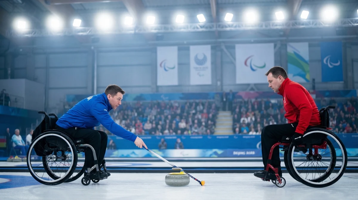 Състезатели по кърлинг в инвалидни колички играят на закрита ледена пързалка по време на Паралимпийските игри.