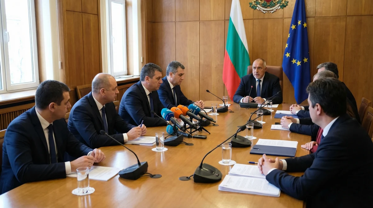 Заседателна зала за правителствен брифинг с българското и европейското знаме, официални документи и микрофони на масата.