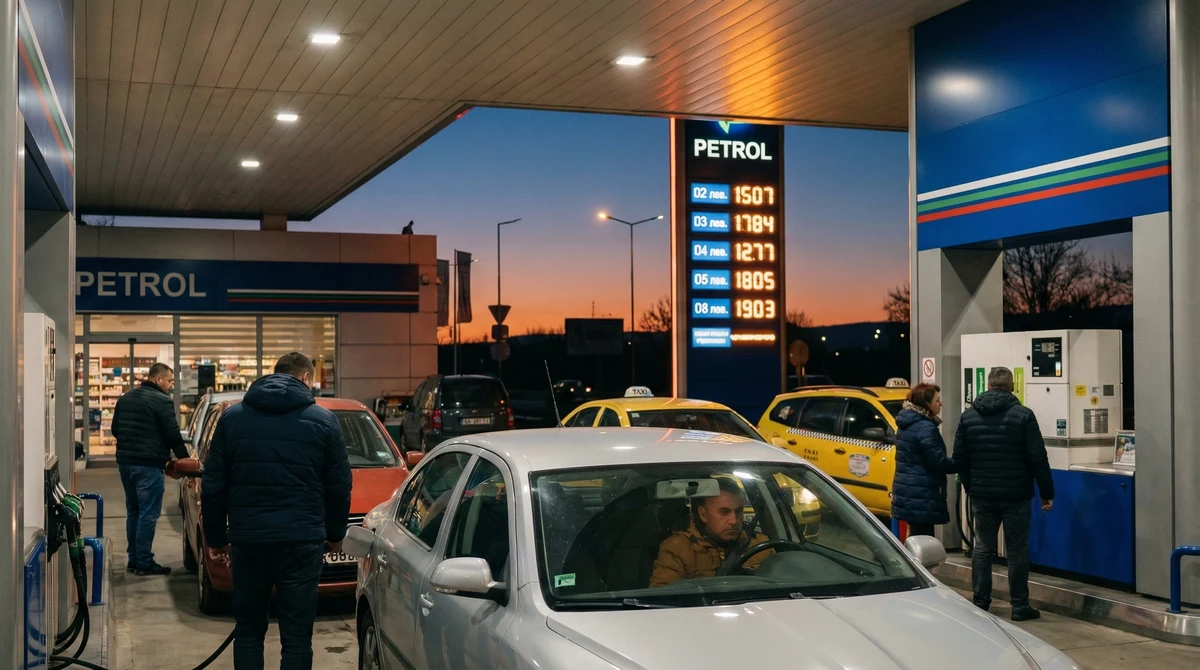 Шофьори зареждат на бензиностанция в България, на заден план се вижда табло с цени на горивата.