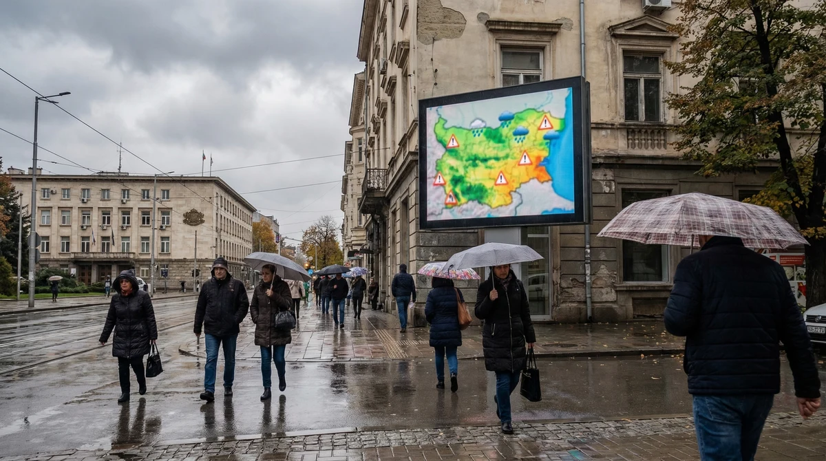 Хора с чадъри вървят по мокра градска улица при облачно време, на заден план има екран с карта за метеорологични предупреждения.