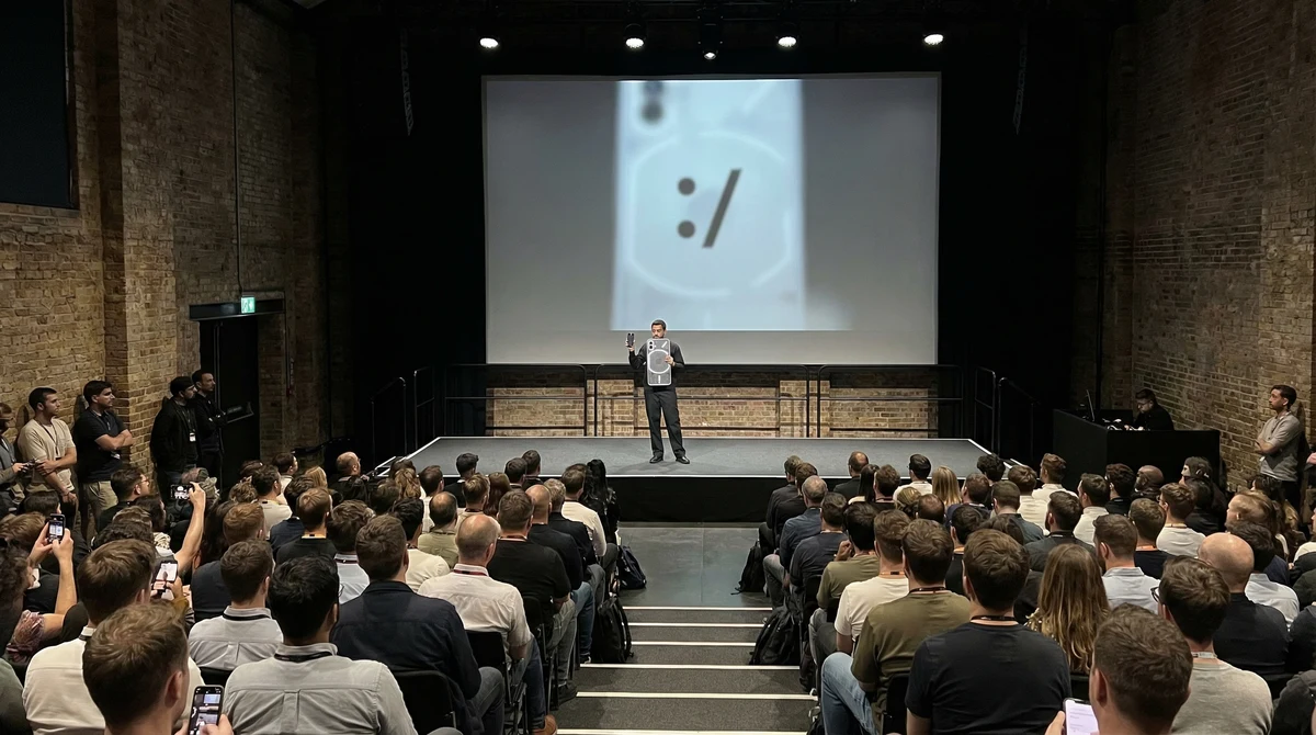 Презентация на Nothing на сцена в Лондон, на която се показва смартфон с прозрачен гръб и светлинни елементи Glyph.