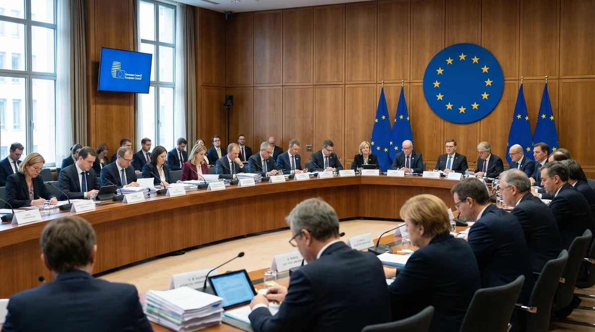 Заседателна зала в Брюксел с представители на държави от ЕС, документи на масата и знамена на Европейския съюз.