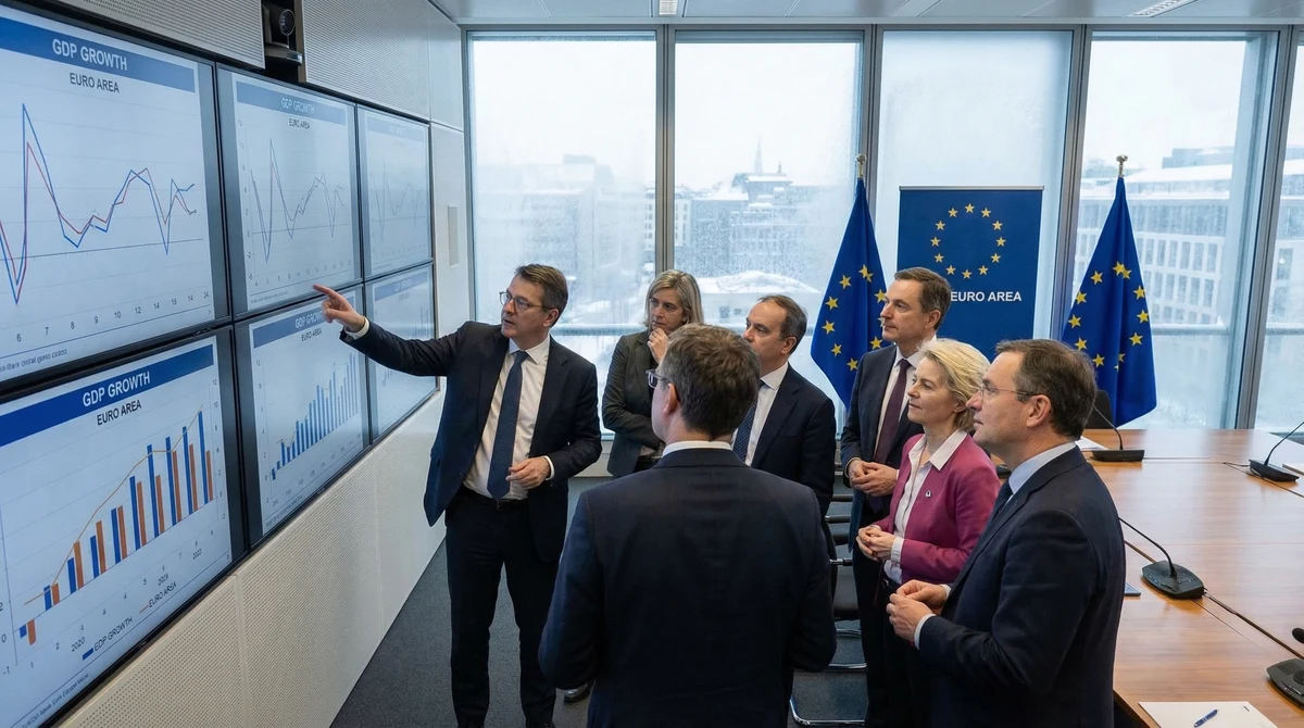 Служители и икономисти в европейска институция разглеждат графики за растежа на икономиката на еврозоната.