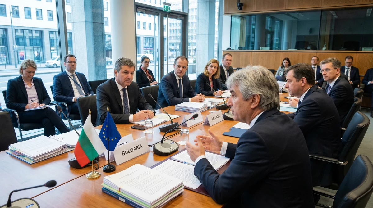 Заседание на европейски министри на правосъдието в Брюксел с документи и знамена на ЕС