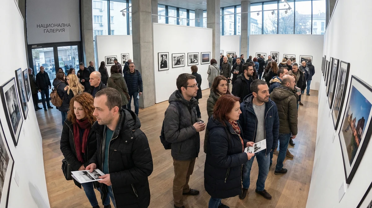 Посетители разглеждат фотографска изложба в Софийски арсенал, посветена на историята на галерия „Арт 36“.