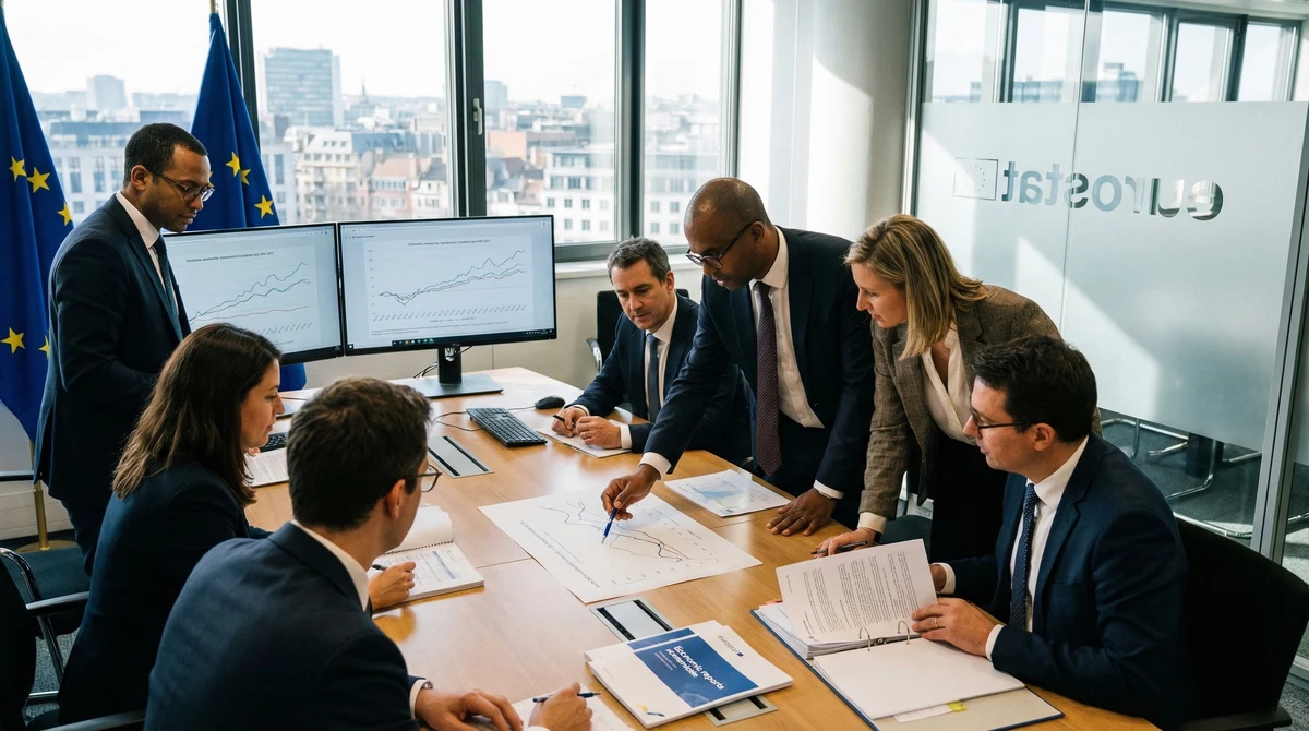 Служители и икономисти разглеждат икономически данни в офис на европейска институция с видими знамена на ЕС.