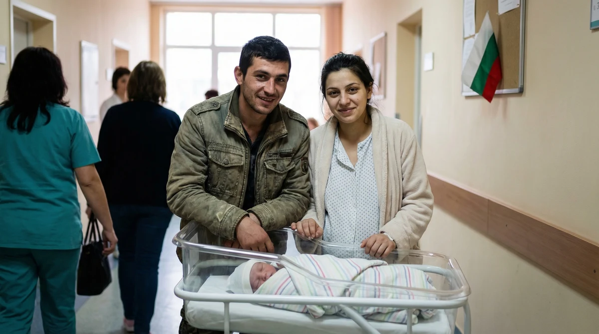 Младо българско семейство с новородено бебе в коридор на родилно отделение