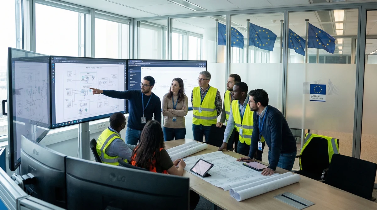 Инженери в телекомуникационен център наблюдават мрежова инфраструктура на фона на символи на Европейския съюз.