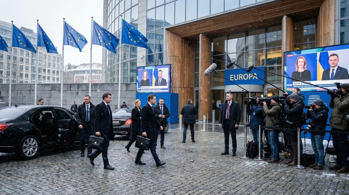 Сграда на институция на ЕС в Брюксел с европейски знамена и пристигащи дипломати за среща на външните министри