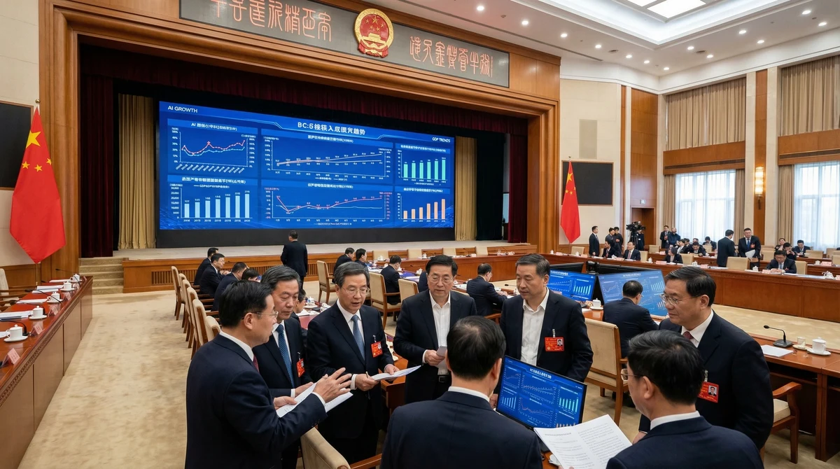 Официална конференция в Пекин с китайски представители пред екрани за изкуствен интелект и икономически данни