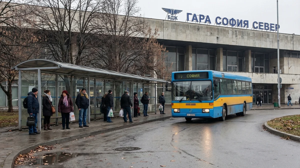 Автобус на градския транспорт пристига пред гара „София-север“ в София, където пътници чакат на спирката.