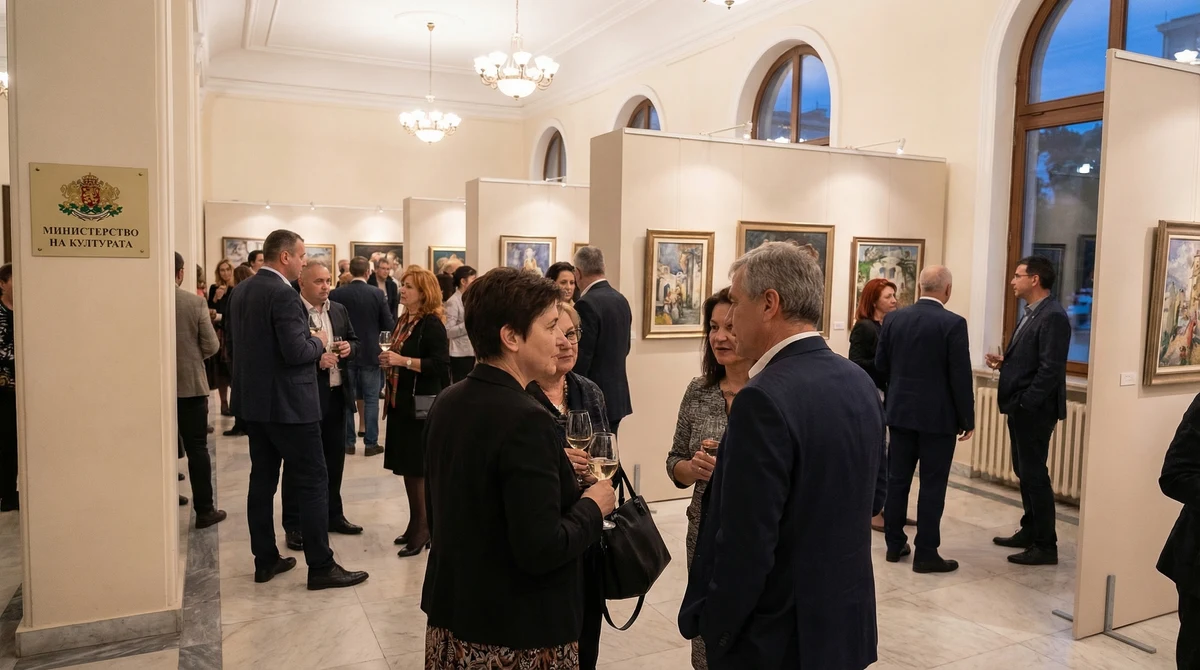 Посетители разглеждат картини в изложба в галерия „Средец“ в София, посветена на 125 години казанлъшко изкуство.