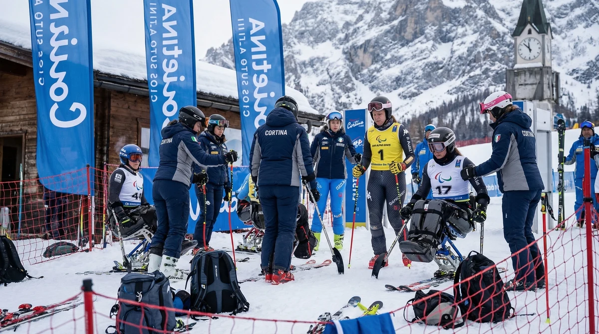 Състезателки в параалпийските ски се подготвят за старт в спускането на снежно трасе в Кортина д'Ампецо.