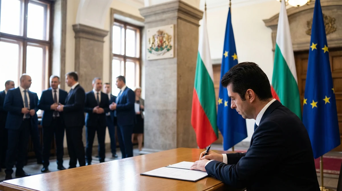Официална смяна на министър в българска правителствена сграда с подписване на документи