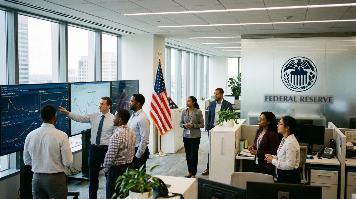 Служители в модерен офис в САЩ разглеждат графики за пазара на труда на фона на американско знаме.