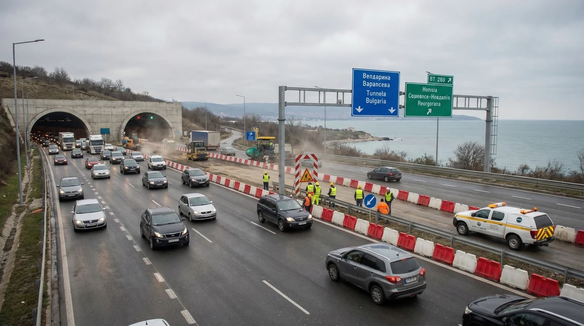 Автомобили преминават през ремонтен участък на магистрала и крайбрежен път при временна организация на движението в България.