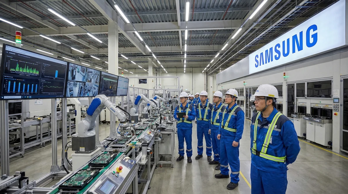 Инженери наблюдават автоматизирана производствена линия в модерен завод на Samsung с роботи и цифрови табла за управление.