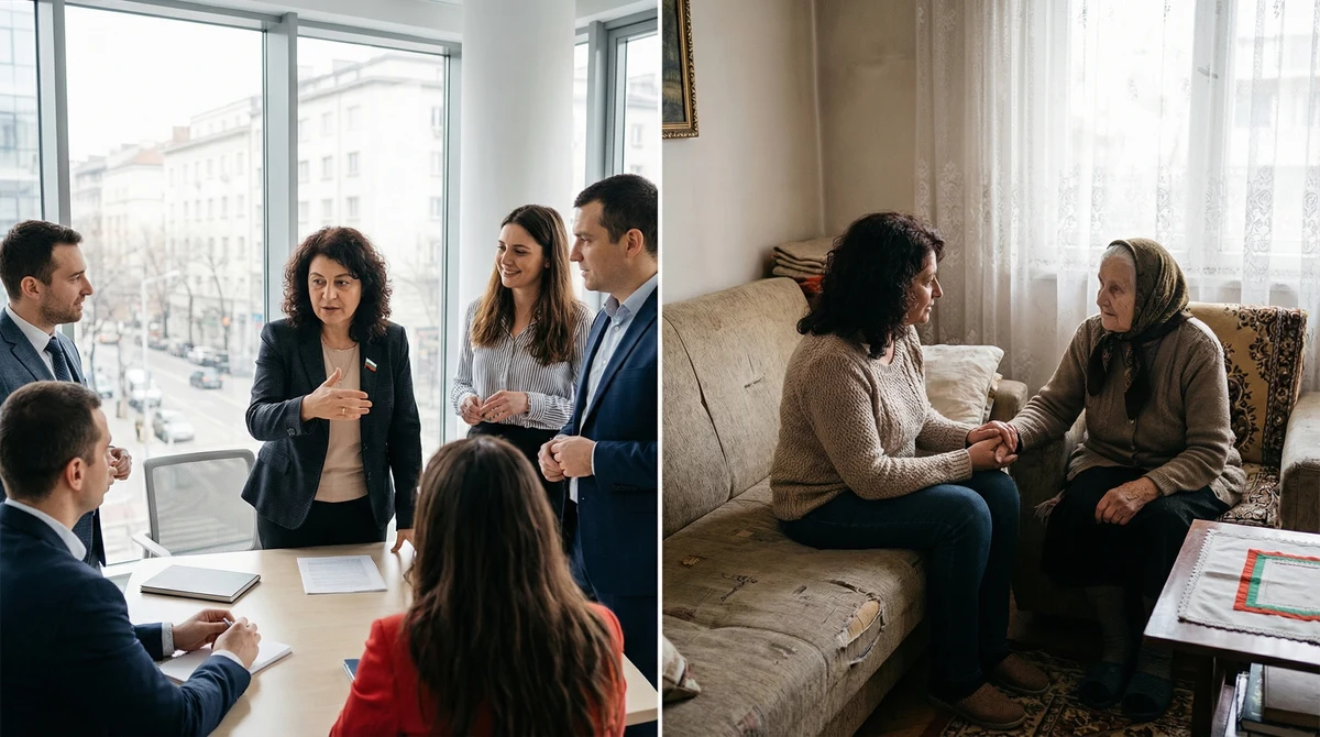 Жена професионалист в офис среда и домашен контекст, илюстрираща темата за жените в управлението и неплатените грижи в България