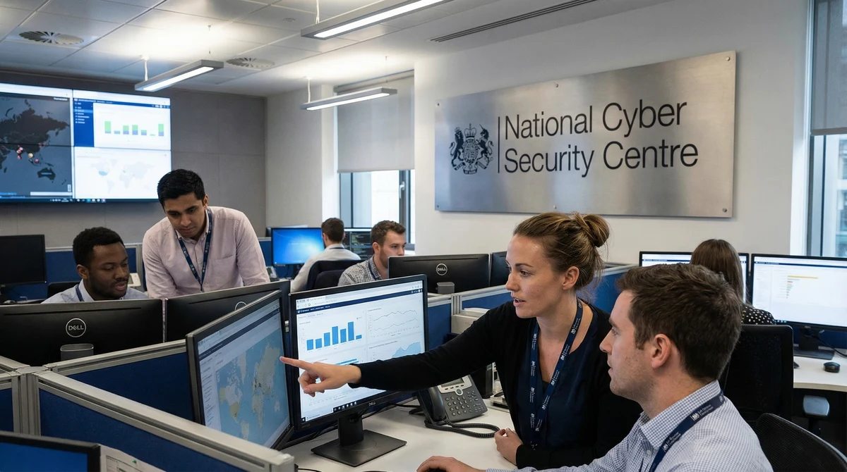Анализатори по киберсигурност наблюдават екрани в британски оперативен център на фона на предупреждение за повишен риск.