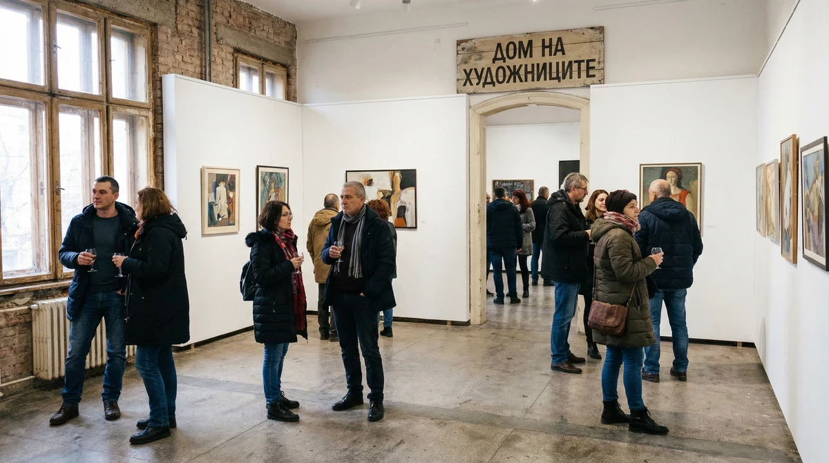 Посетители разглеждат картини в изложбата „Изкушения“ в Къщата на художниците в Плевен.