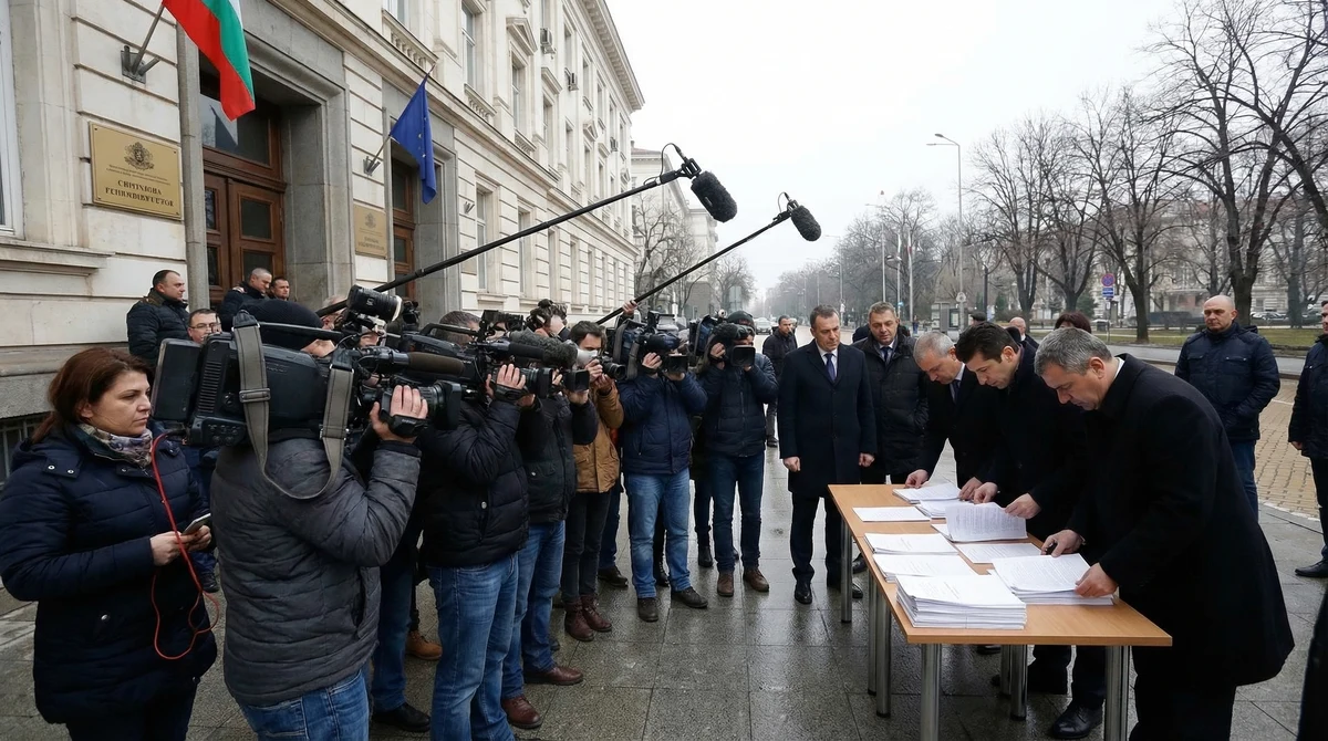 Журналисти и официални представители пред сграда на институция в София по тема за изборните правила и медийната кампания.