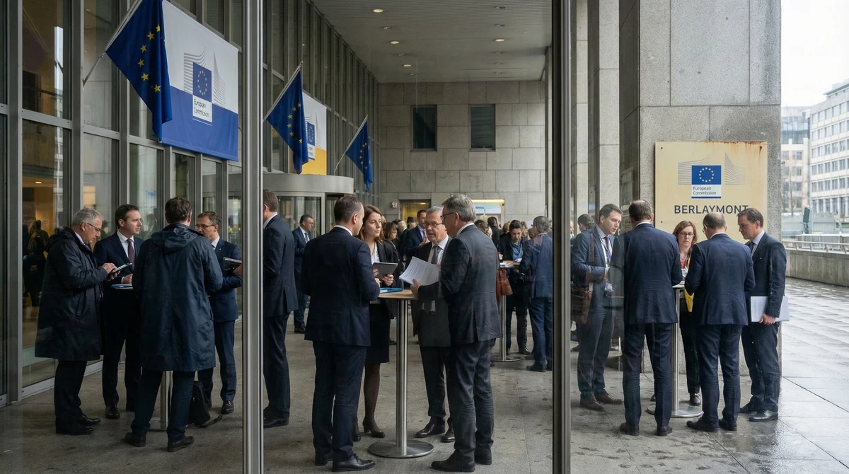 Сграда на Европейската комисия в Брюксел и участници в бизнес конференция за правилата за сливания в ЕС.