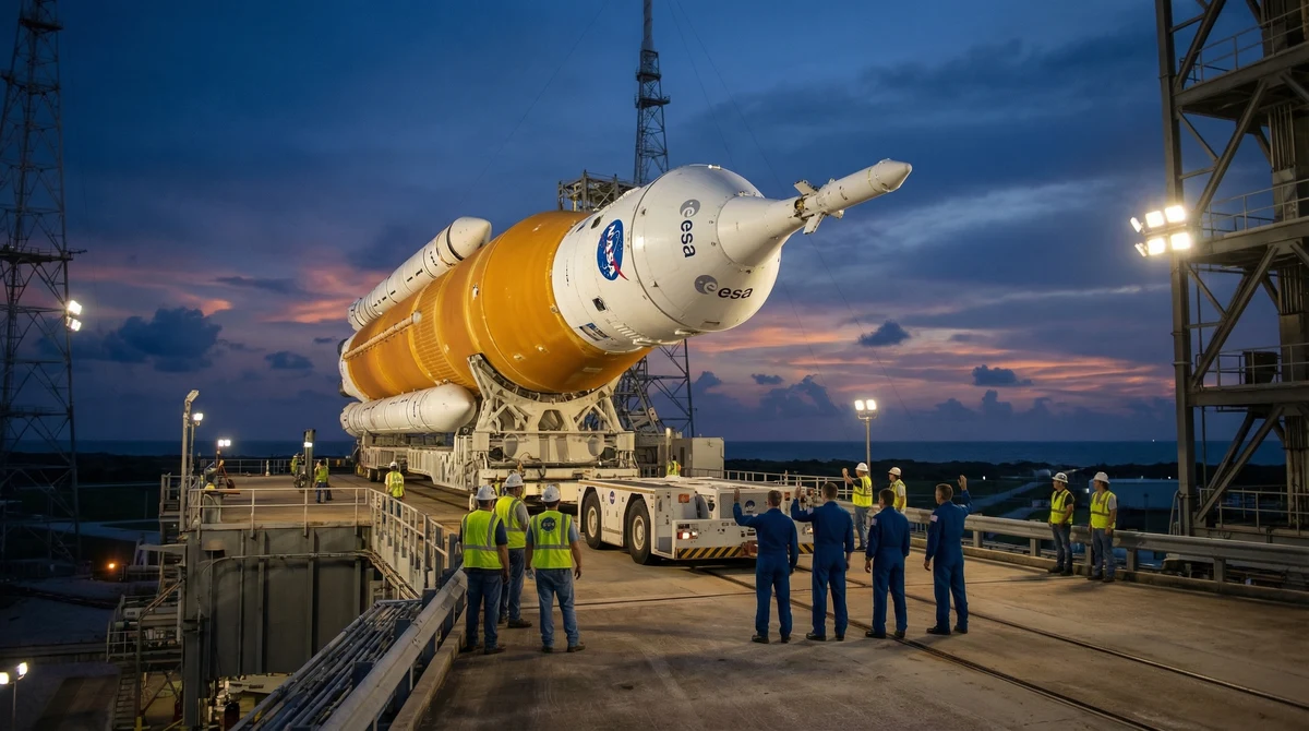 Ракета за мисията Artemis II на площадка в Космическия център „Кенеди“ преди планиран старт към Луната