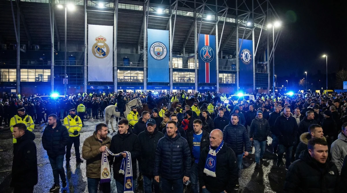 Фенове пристигат пред осветен футболен стадион преди мачове от осминафиналите на Шампионската лига.