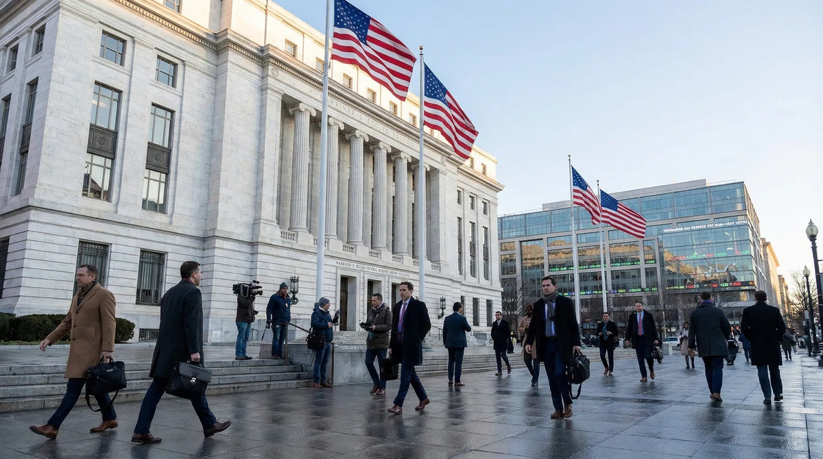 Сградата на Федералния резерв във Вашингтон на фона на тема за инфлацията и лихвената политика в САЩ