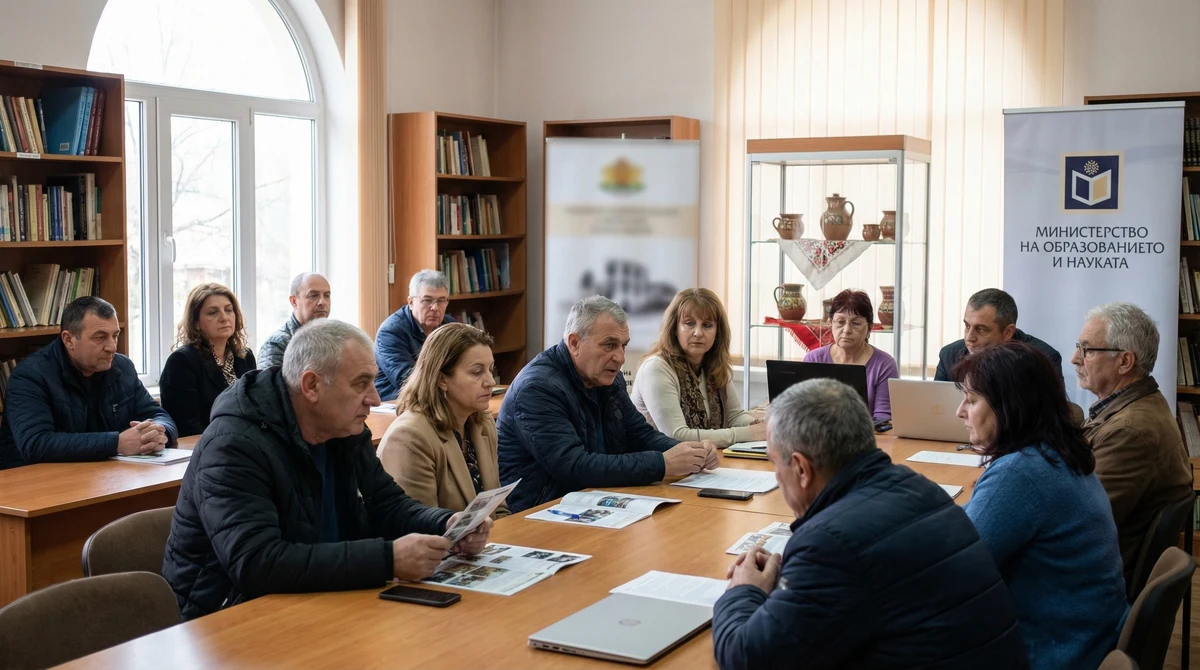 Възрастни участници в обучение в библиотека или читалище в България, част от инициатива за учене през целия живот.