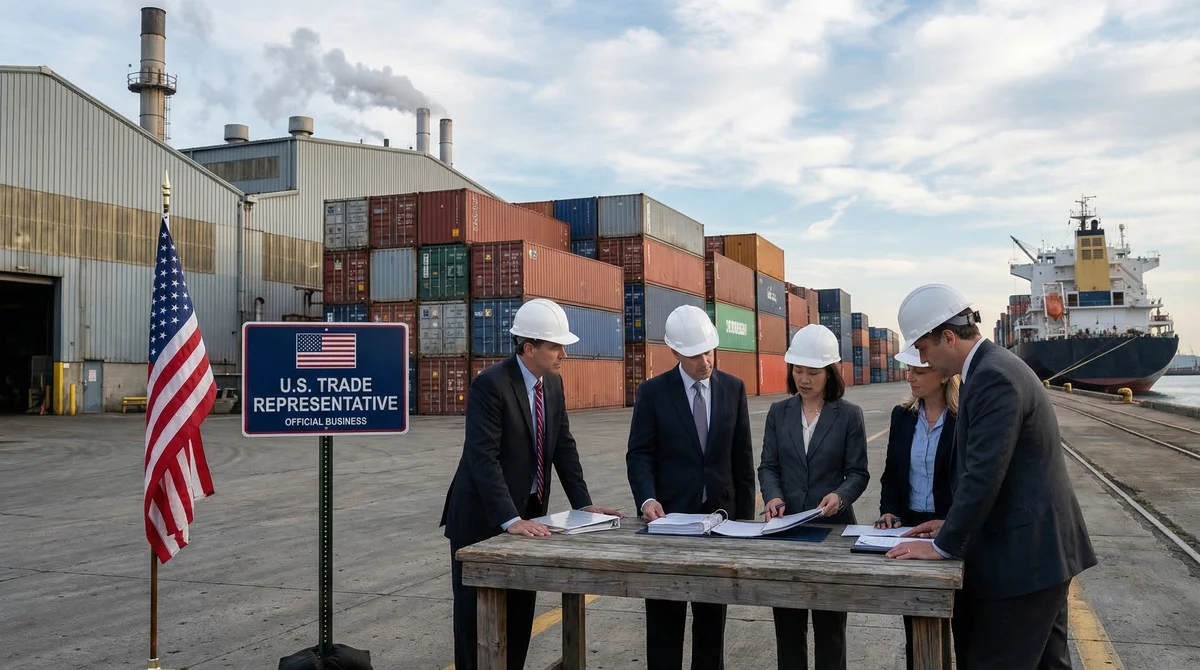 Индустриален износен терминал с контейнери, фабрични сгради и търговски служители на САЩ, които преглеждат документи.