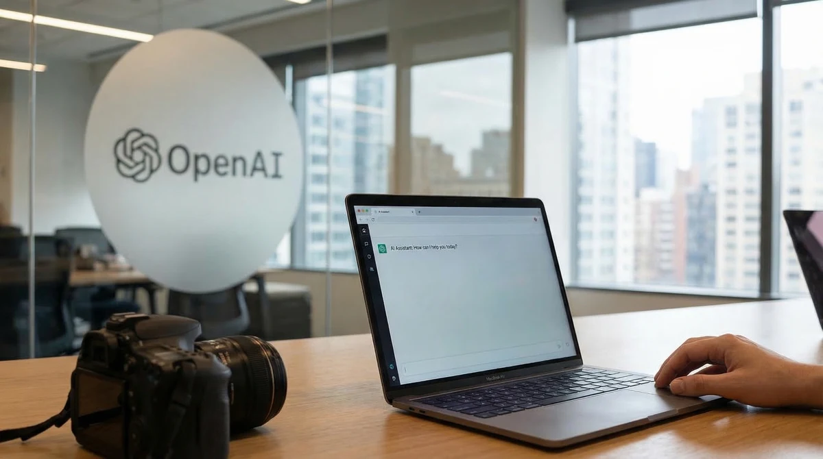 Лаптоп с интерфейс на AI чат в офис среда, илюстриращ промени в моделите на ChatGPT