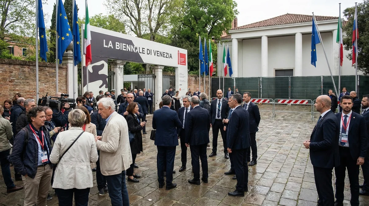 Посетители и официални лица пред Биеналето във Венеция на фона на европейски знамена и изложбени павилиони